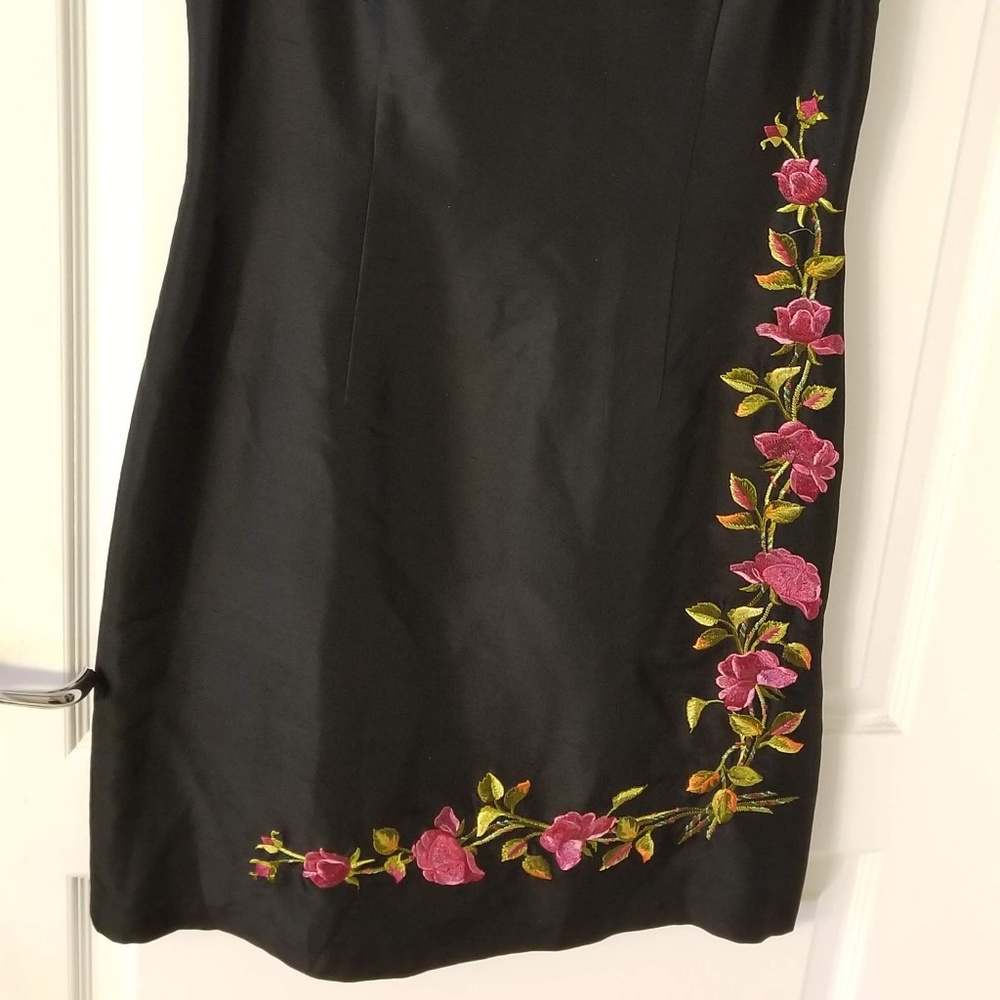100% Silk Muse Dress - Black with Embroidered Pink